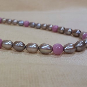 Freshwater Pearl Necklace with Mauve Czech Glass, gift for her, handmade jewelry, mother's day, gray pearl strand necklace grey pink plum