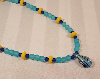 Aqua, Blue, Yellow Sea Glass Necklace with Lampwork Pendant