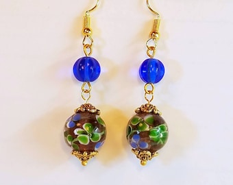 Blues Green Floral Lampwork Earrings with Blue Czech Glass