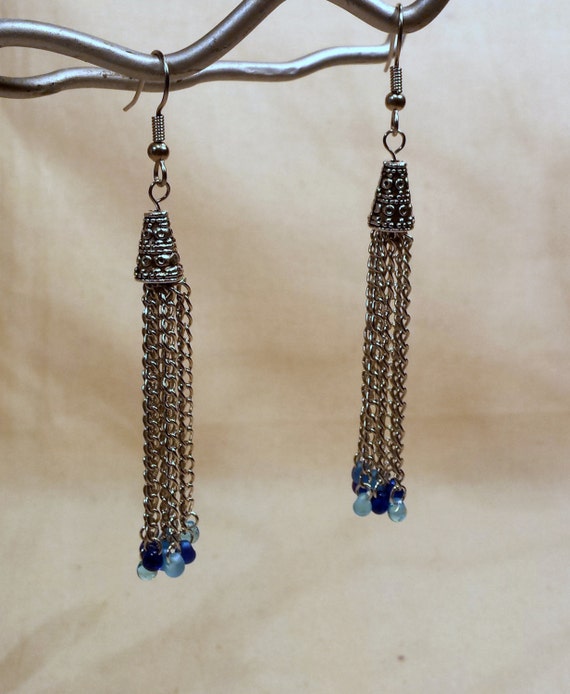 Items similar to Tassel Chain Dangle Earrings with Blue Fringe Beads ...
