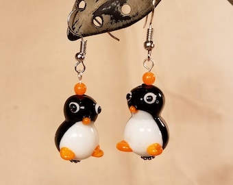 Penguin Lampwork Bead Earrings