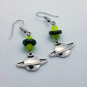 Space Earrings Saturn Ringed Planet Green Yellow