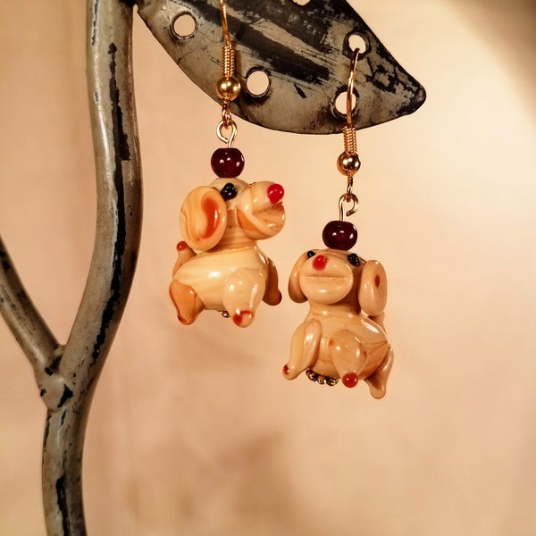 Puppy Dog Lampwork Bead Earrings, cute dog earrings french hook earring fishhook animal jewelry gift for teen girls jewellery tan brown dog