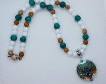 Artisan Glass Pendant Necklace, Turquoise Blue, Picture Stone Jasper Beads