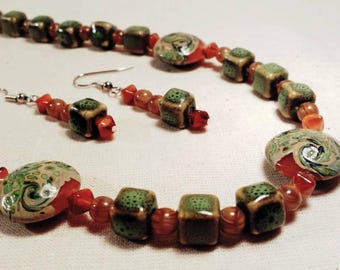 Green and Brown Necklace and Earrings Set with Lampwork Focal Beads