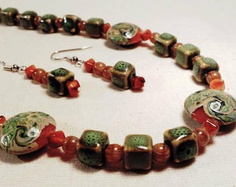 Green and Brown Necklace and Earrings Set with Lampwork Focal Beads, green ceramic and brown swirl Czech glass beads, handmade jewelry gifts