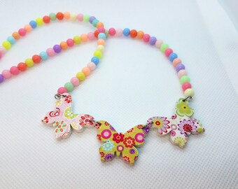 Triple Floral Butterfly Necklace with Pastel Beads, Pink Blue Green Orange Yellow Lavender