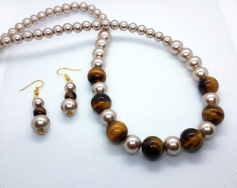 Tiger's Eye Gemstone and Pearl Necklace and Earring Set