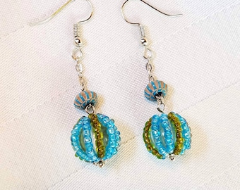 Blue Green Beaded Ball Dangle Earrings