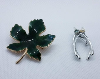 Vintage Wishbone Pin Brooch & Enamel Leaf Brooch Costume Jewelry Lot 2 Pieces