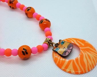 Tiger Cat Necklace with  Pink and Orange Beads
