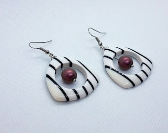 Black and White Triangle Circle Earrings with Metallic Purple Czech Glass Beads