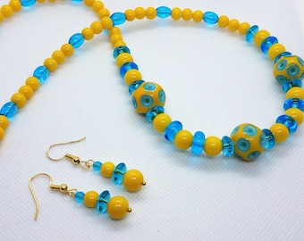 Lampwork Yellow and Blue Necklace and Earring Set