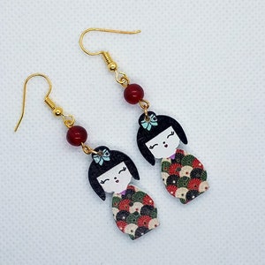 Asian Girl Wooden Button Earrings with Red Glass Beads