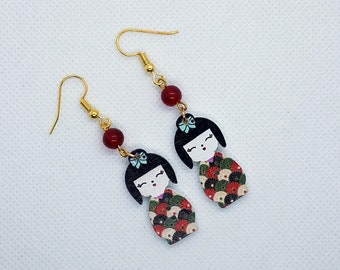 Asian Girl Wooden Button Earrings with Red Glass Beads