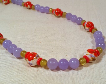 Lavender Alexandrite Bead Necklace with Red Porcelain Floral Beads and Green Glass Beads
