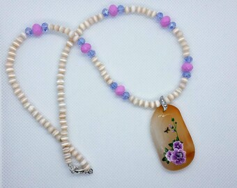 Lavender Flower Blonde Agate Pendant Necklace with Cat Eye and Lavender Glass Beads