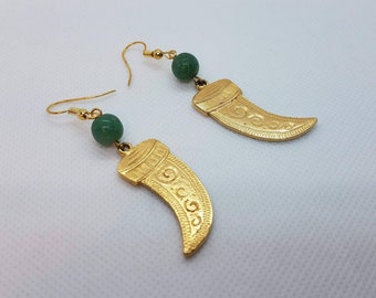 Gold Tusk Earrings with Green Gemstone