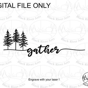 以下が含まれることがあります： 白黒の線画デザイン。3本の松の木と、木の下に筆記体で「gather」と書かれている。背景は白で、スタイリッシュな木と川が繰り返し描かれている。