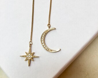 Moon earrings,north star earrings,threader moon star earrings,long chain earrings,gold chain earrings,diamond moon earrings,minimalistic