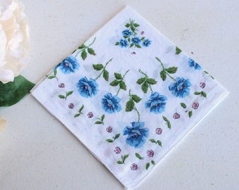 Vintage Cotton Handkerchief Floral Print, Blue Roses Hankie