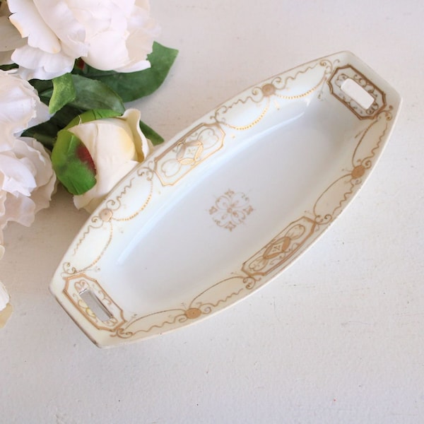 Vintage 1890s 1900s Relish Bowl, Antique Nippon Porcelain, Victorian Edwardian Maple Leaf Mark, White And Gold