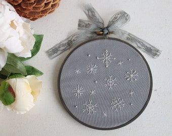 Embroidered Hoop Art, Snowflakes, 6" Stained Gray Wooden Frame, Snow  / "Winter Wonder" OOAK One Of A Kind