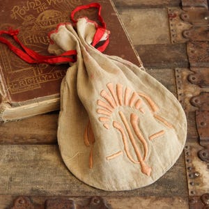 Vintage 1930s 1940s Drawstring Bag, Embroidered Linen Purse, Reticule Pouch