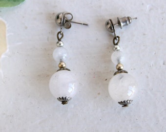 Vintage 1980s 1990s Earrings, Clear Quartz Crystal Studs, Pierced Ears