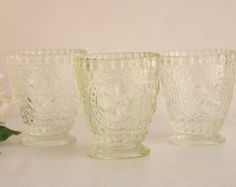 Vintage 1990s Cut Glass Candle Holders by Anthropologie, Fleur De Lis Pattern,  Set of Three, One Pale Green, Two Clear