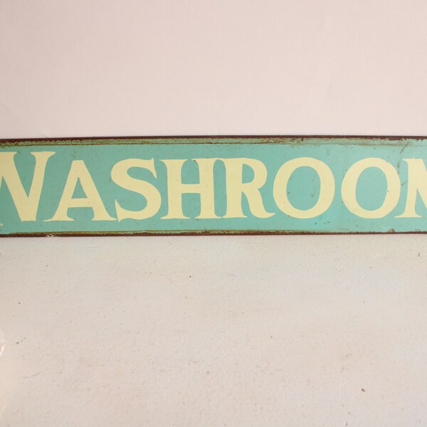 Vintage 2000s Metal Washroom Sign, Mummerts Teal and Yellow, 19.5" long