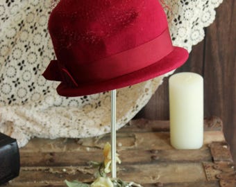 Vintage 1960s Hat, Ritz Raspberry Red with Veil Trim and Bow, Millinery