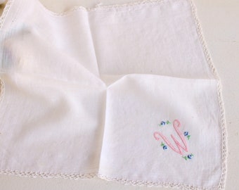 mouchoir vintage en coton blanc, monogramme W et bordure en dentelle au crochet, mouchoir de poche