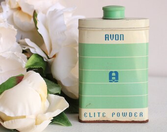 Vintage 1930s Avon Elite Body Powder Tin, 3 Oz. Green and White, Collectible Fragrance, Scented