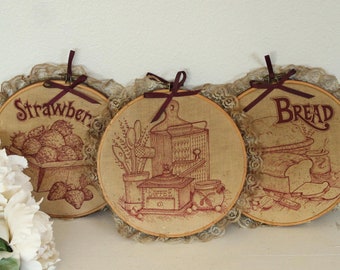 Vintage 1970s Framed Embroidered Strawberry, Bread and Kitchen Tools, Set of Three 8.5" Wooden Frames, Hoop Art