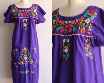 Vintage 1980s 1990s Dress, Purple Mexican Oaxaca Embroidered