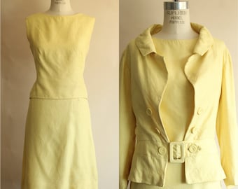 Vintage 1960s Suit, Vogue Paris Original Yellow Linen Three Piece Blouse, Jacket And Skirt Set