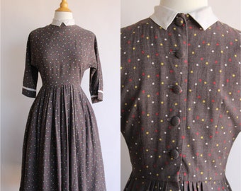 Vintage 1950s 1960s Dress, Brown with Polka Dots Fit And Flare, Peter Pan Collar
