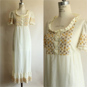 Vintage 1970s Dress, Yellow Embroidered Boho Maxidress with Empire Waist and Bow, Romantic Style