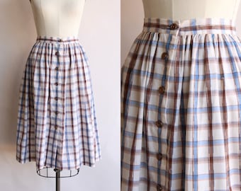 Vintage 1960s 1970s Skirt, Plaid Blue and Brown Check Tartan Full Circle Skirt