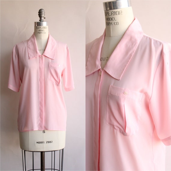 Vintage 1980s Blouse, Pink Dagger Collar with Poc… - image 1