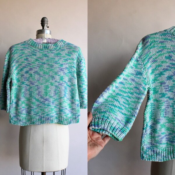 Vintage Girls Sweater, Hand Knit Seafoam Green Adult Extra Small Sweater