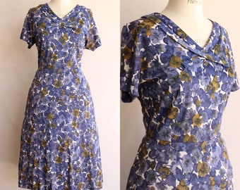 Vintage 1940s 1950s Dress, Classic Lady By Constantine Blue and Brown Floral Print Nylon Day Dress