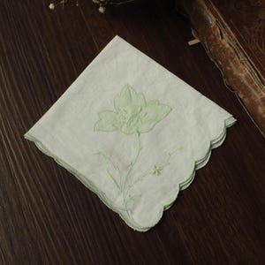 Vintage Handkerchief, Green Flower Applique and Embroidery on White Linen Hanky