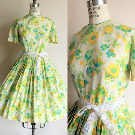 Vintage 1950s 1960s Dress / Green, Yellow, Blue Fl