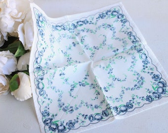 Vintage Cotton Handkerchief,  Blue Roses Floral Print Hanky