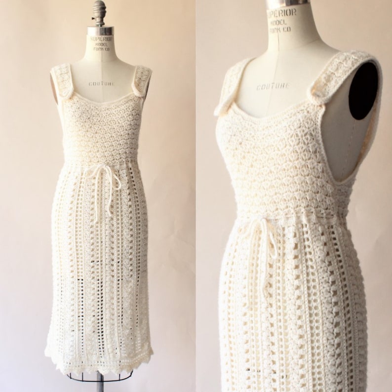 Vintage 1960s Dress Ivory Knit Or Crochet Sheath Sweater Dress with Drawstring Waist