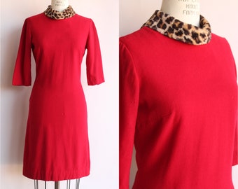 Vintage 1960s Dress, Red Wool with Leopard Print Collar, Taddies Lady Land Wool Mod Dress