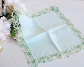 Vintage 1960s Handkerchief, Green Linen With  Crochet Trim Hankie