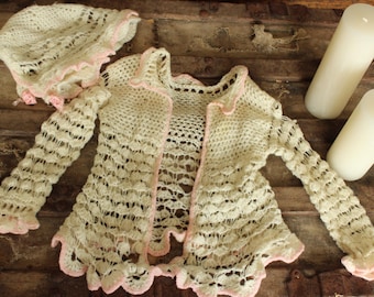 Vintage 1950s Baby Sweater and Bonnet, Ivory and Pink Knit Or Crochet Cardigan